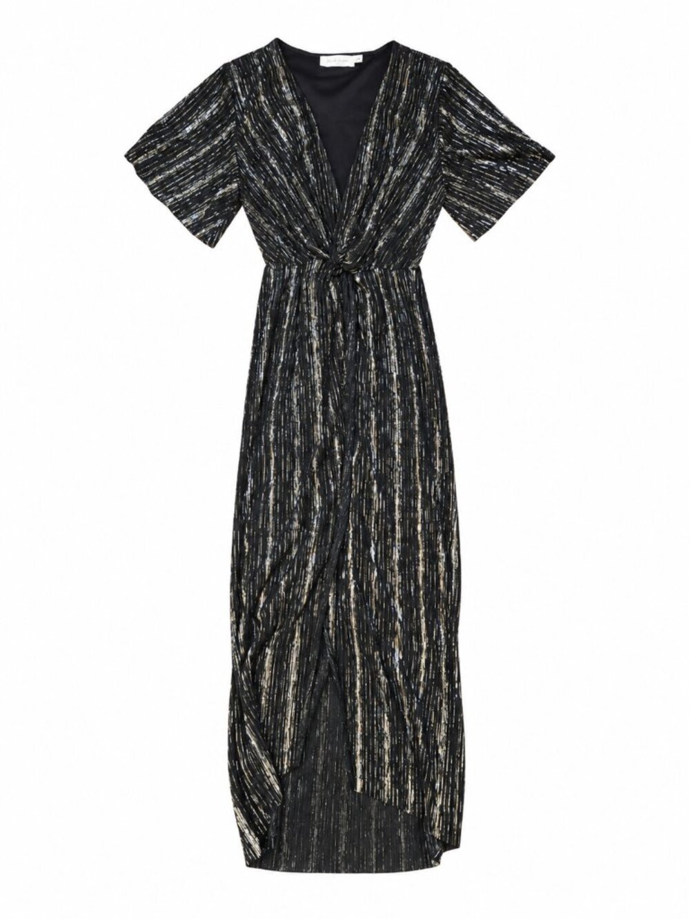 All in Favor Metallic Shimmer Cocktail Evening Midi Dress Black Gold XS
